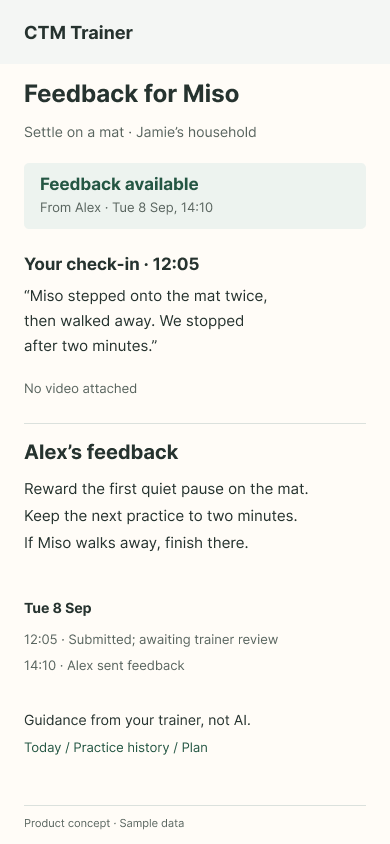 CTM Trainer product concept: Make the next adjustment personal. After Jamie’s observation, Alex suggests a shorter practice and rewarding the first quiet pause. Guidance comes from the trainer, not AI; no video is attached in this sample.